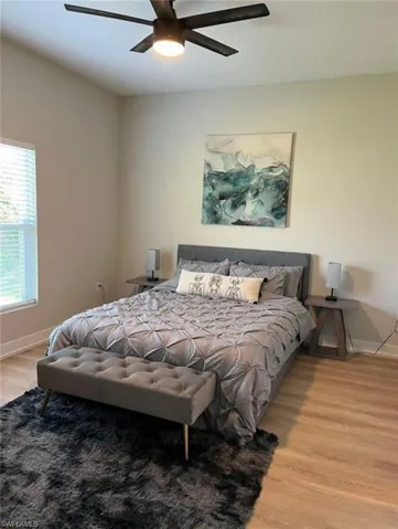 Bedroom featuring light wood finished floors and a ceiling fan