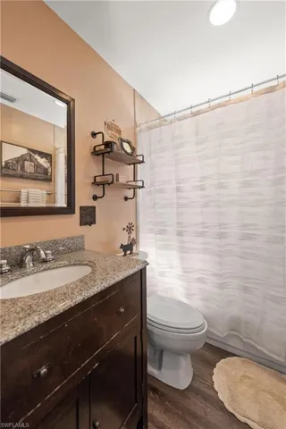 Bathroom with vanity and dark wood-style flooring