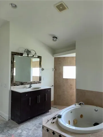 Spa-inspired primary bathroom showcasing a freestanding soaking tub, dual-sink vanity with dark cabinetry and brushed metal hardware, large framed mirror with integrated lighting, and a walk-in shower with tile surround and glass enclosure