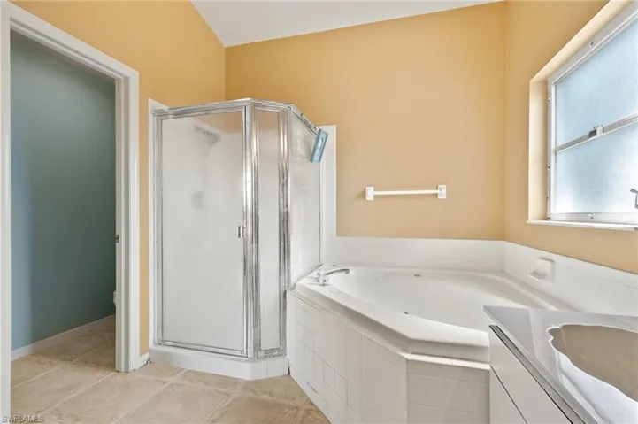 Bathroom featuring tile floors, a wealth of natural light, plus walk in shower, and vanity