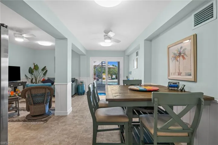 Dining area with a wainscoted wall, a ceiling fan, and french doors