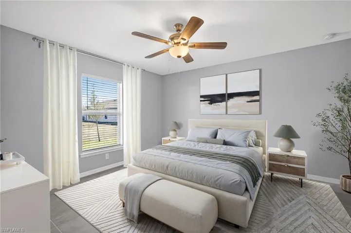 Virtually staging of primary bedroom featuring baseboards and ceiling fan