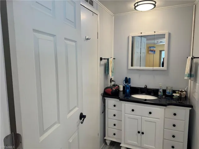 Bathroom featuring vanity and ornamental molding