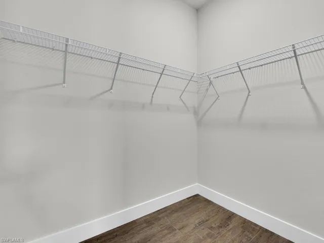Walk in closet featuring dark wood-style flooring