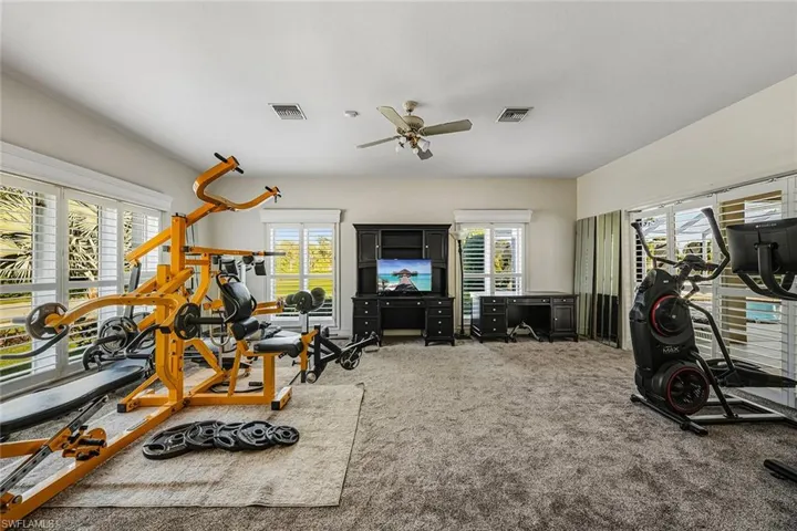Workout room, attached to 2nd primary, with healthy amount of natural light, carpet flooring, and ceiling fan