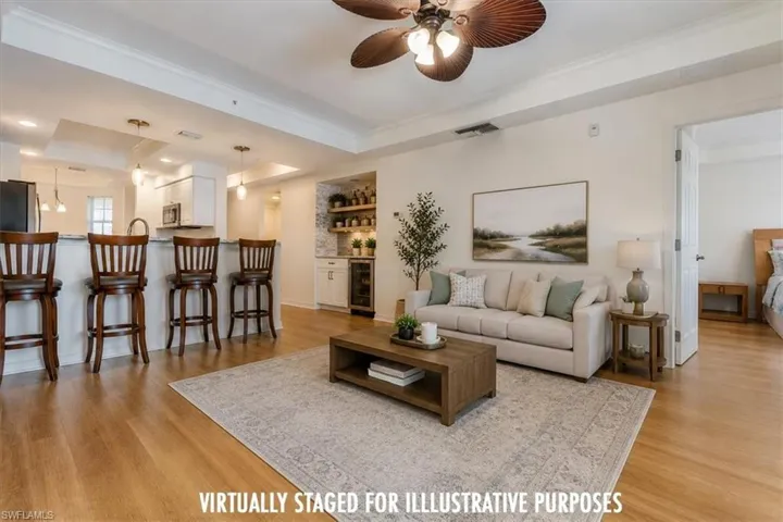 Virtually staged with beautiful wood floors