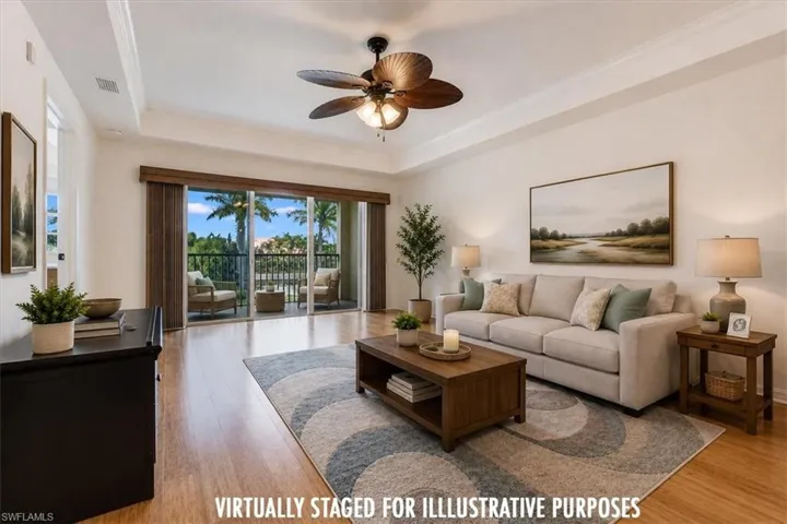 Virtually staged living area with crown molding