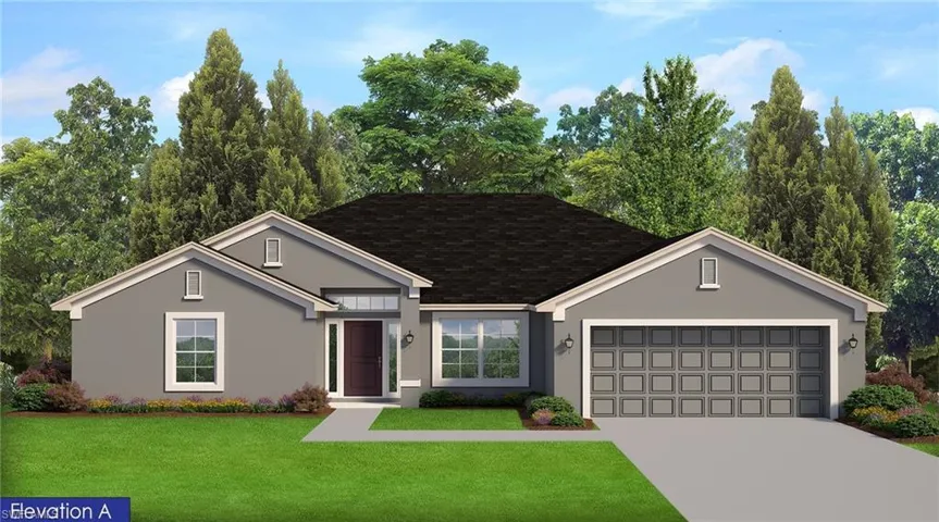 View of front of property with driveway, stucco siding, a front yard, an attached garage, and a shingled roof