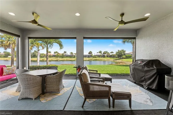 Lanai furniture, grill and mounted TV stays with the home.