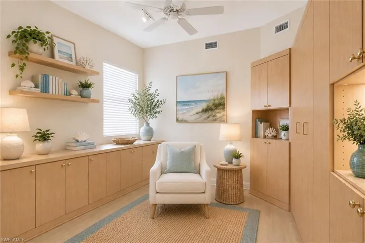 Virtually Staged Guest Bedroom with Murphy Bed and custom built-in storage.
