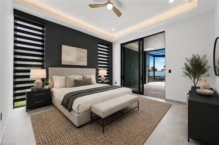 Virtually Staged contemporary light grey flooring and a dark accent wall