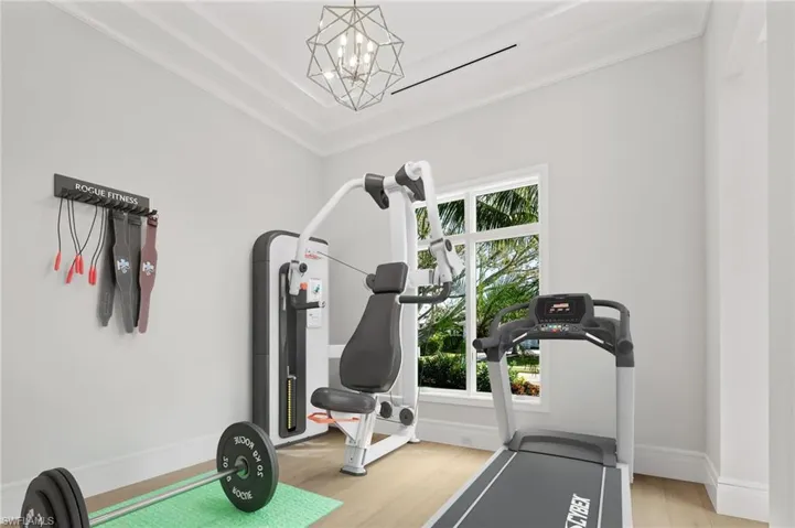 Workout room with a notable chandelier, a healthy amount of sunlight, crown molding, and hardwood / wood-style flooring