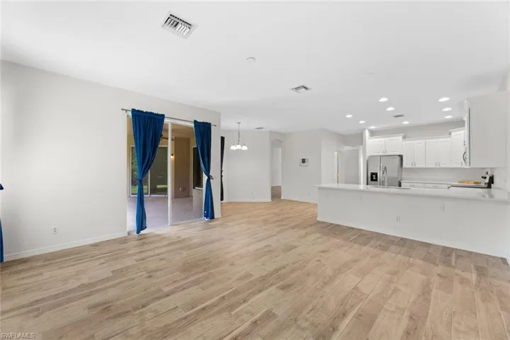 Living room open to the kitchen area