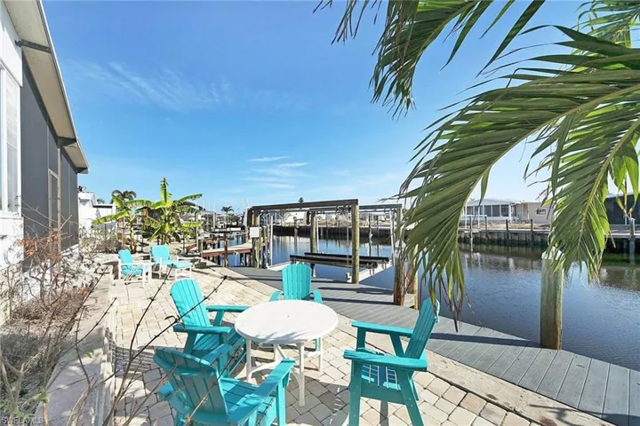 Dock with a water view and a patio area