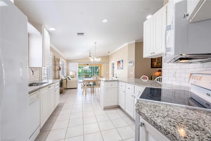 Kitchen with white cabinets, white appliances, sink, kitchen peninsula, and backsplash