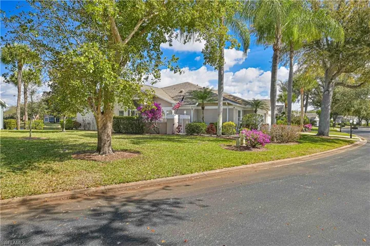 View of property hidden behind natural elements with a front yard and stucco siding
