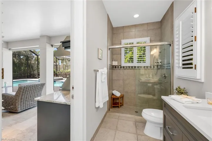 The cabana bath has had updates of new cabinets, quartz counters, fixtures and there is LED lighting throughout the residence.