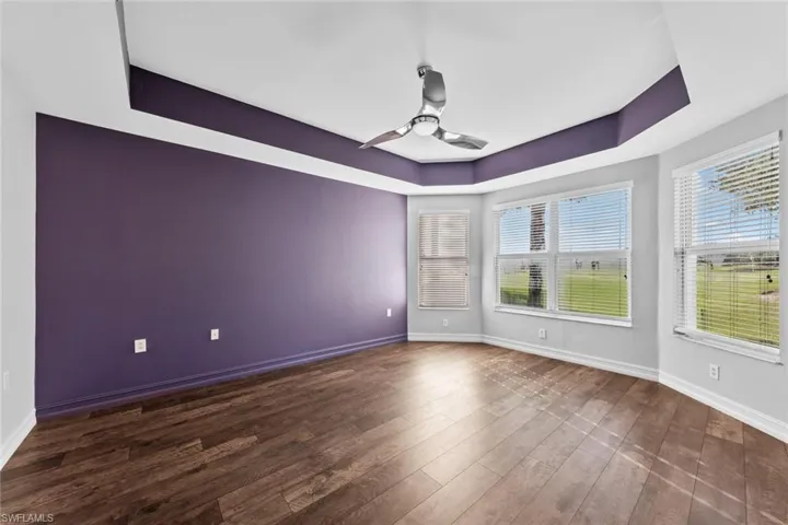Unfurnished room with a raised ceiling, plenty of natural light, dark wood-style flooring, and ceiling fan
