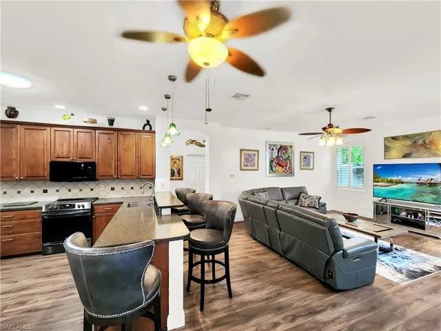 Open living from kitchen to great room