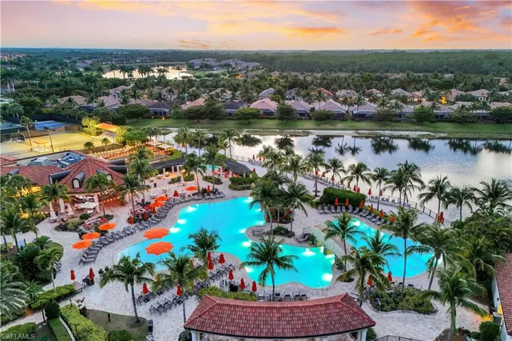 Aerial perspective of restaurant with resort pool