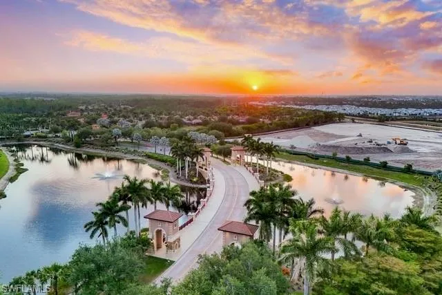 Aerial view at dusk of the entry bridge