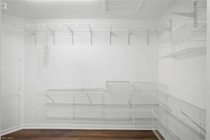 Walk in closet with dark wood-style flooring