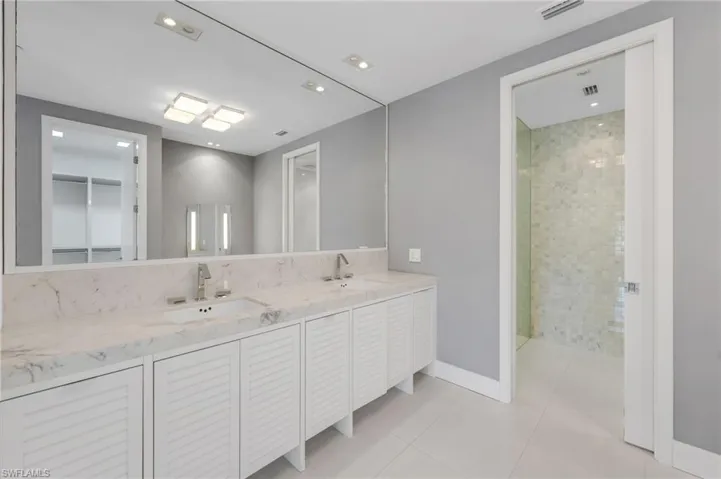 Marble countertops, clean line detail.