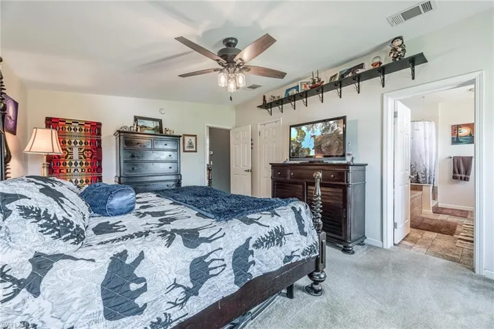 Carpeted bedroom with ensuite bathroom and ceiling fan