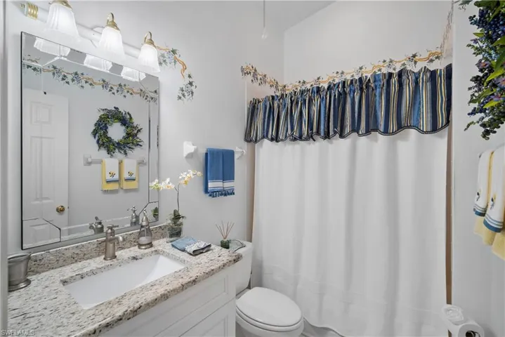 Bathroom featuring toilet, vanity, and a shower with shower curtain
