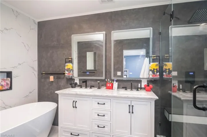 Bathroom featuring vanity, ornamental molding, and independent shower and bath