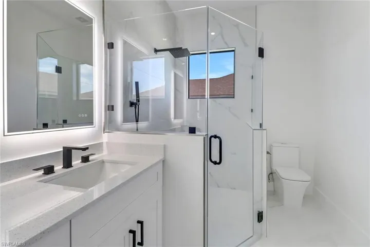 Bathroom with vanity, a shower with shower door, and toilet