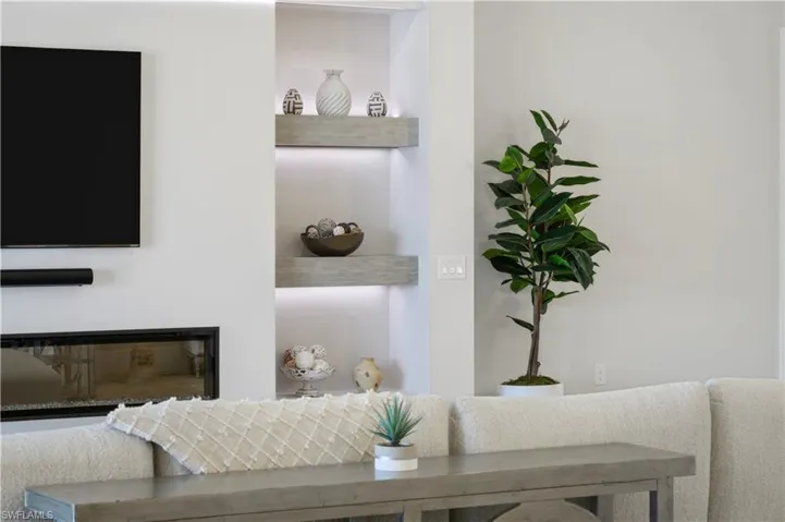 Detailed view of a glass covered fireplace