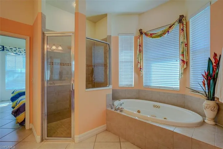 Bathroom with a shower stall, tile patterned floors, a jetted tub, ensuite bath, and a wealth of natural light
