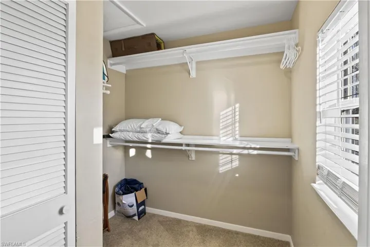 Walk in closet featuring light colored carpet.