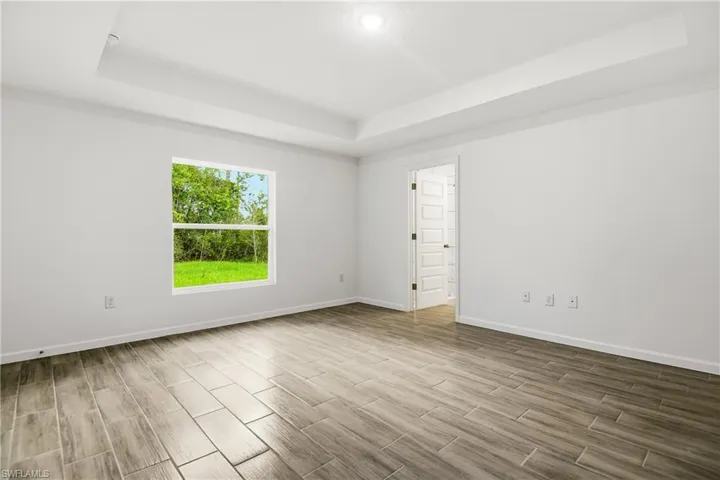 Empty room featuring a tray ceiling and wood tiled floors