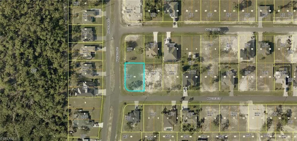 Aerial overview of property's location with property parcel outlined