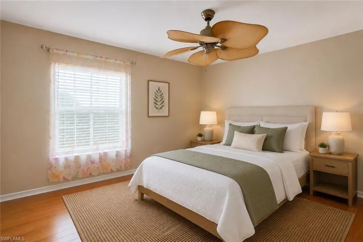 Virtually staged as a bedroom could be an office or den