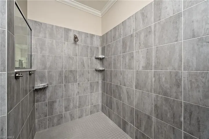 Bathroom featuring tiled shower and crown molding