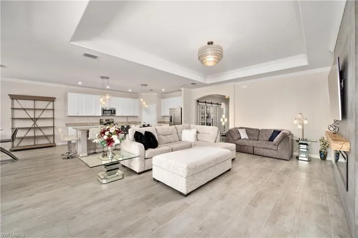Living room featuring a tray ceiling and ornamental molding