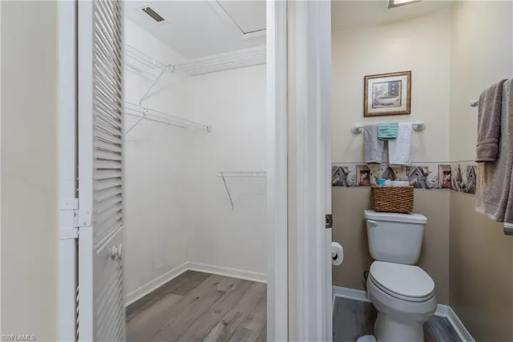 Bathroom with light wood finished floors and a walk in closet
