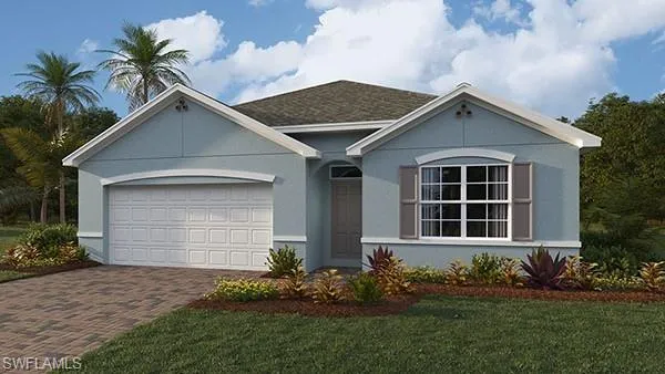 View of front of house featuring a garage, decorative driveway, a front yard, and stucco siding