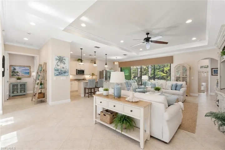 AI-GENERATED rendering of great room with a more coastal vibe