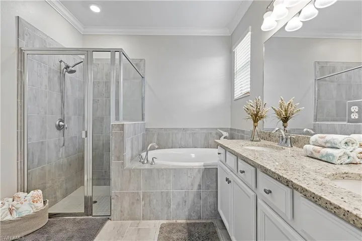 Bathroom featuring independent shower and bath, vanity, and crown molding