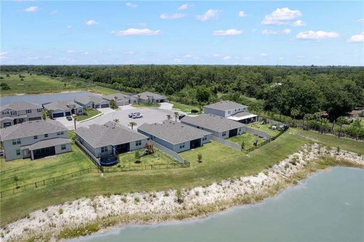 Aerial perspective showcasing a residential community with multiple single-family homes, each featuring a private rear yard
