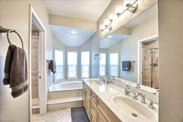 Bathroom with vanity, separate shower and tub, tile patterned flooring, and a wealth of natural light
