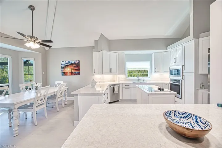 Kitchen with sink, stainless steel appliances, white cabinets, and a kitchen island