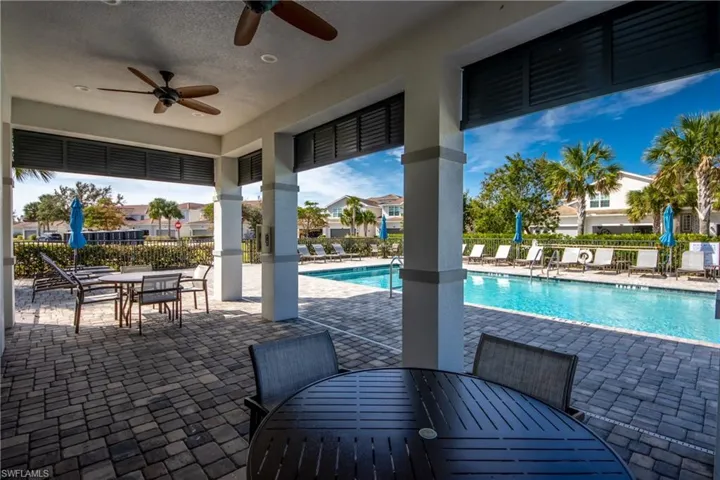 View of pool featuring a patio and ceiling fan