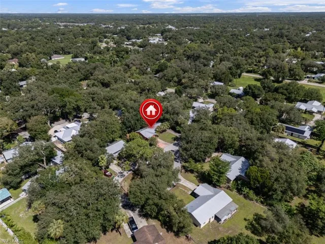 Aerial perspective of suburban area with a forest