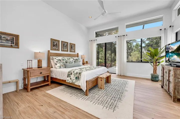 Sliders, transom windows, and volume ceilings add to the warm and open feel. Battery operated blinds makes it easy when time to get some sleep