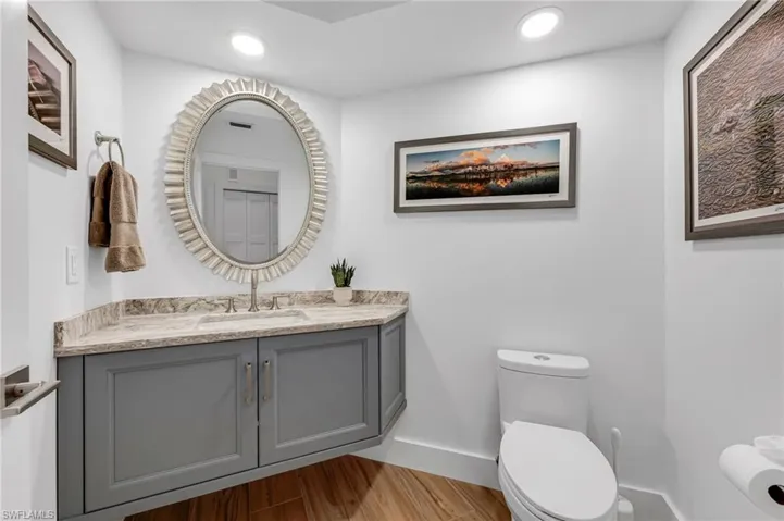 Powder bathroom is simply designed and convenient for guests when entertaining